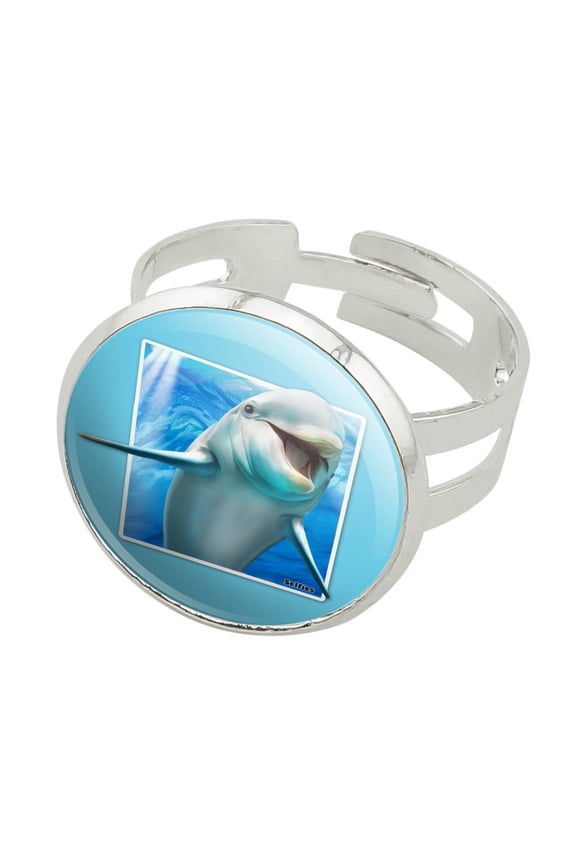 Dolphin Selfies Picture Silver Plated Adjustable Novelty Ring