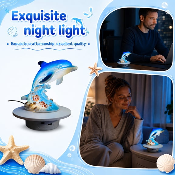 Dolphin Shaped Resin Art Night Light, Ocean Decor for Bedroom, Kids Night Light, Bedroom Night Light, 6X5.5X6 Inch Hand Painted Wave Base Led Accent Lamp for Home Decoration