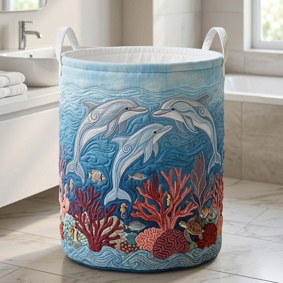 Dolphin Shore Quilted Laundry Basket: Ocean Life Foldable Hamper, Beach House Gift