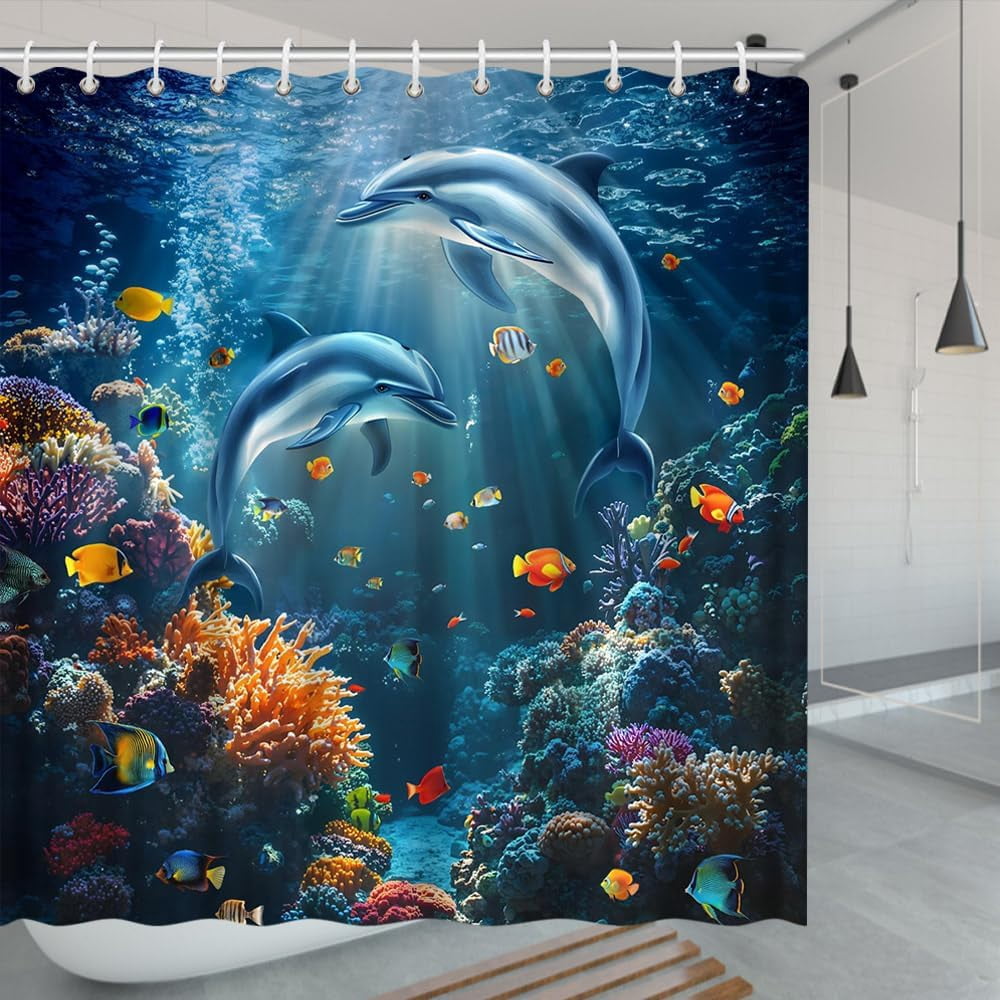 Dolphin Ocean Theme Shower Curtain Set - 72x72 Inch Waterproof Polyester With 12 Hooks