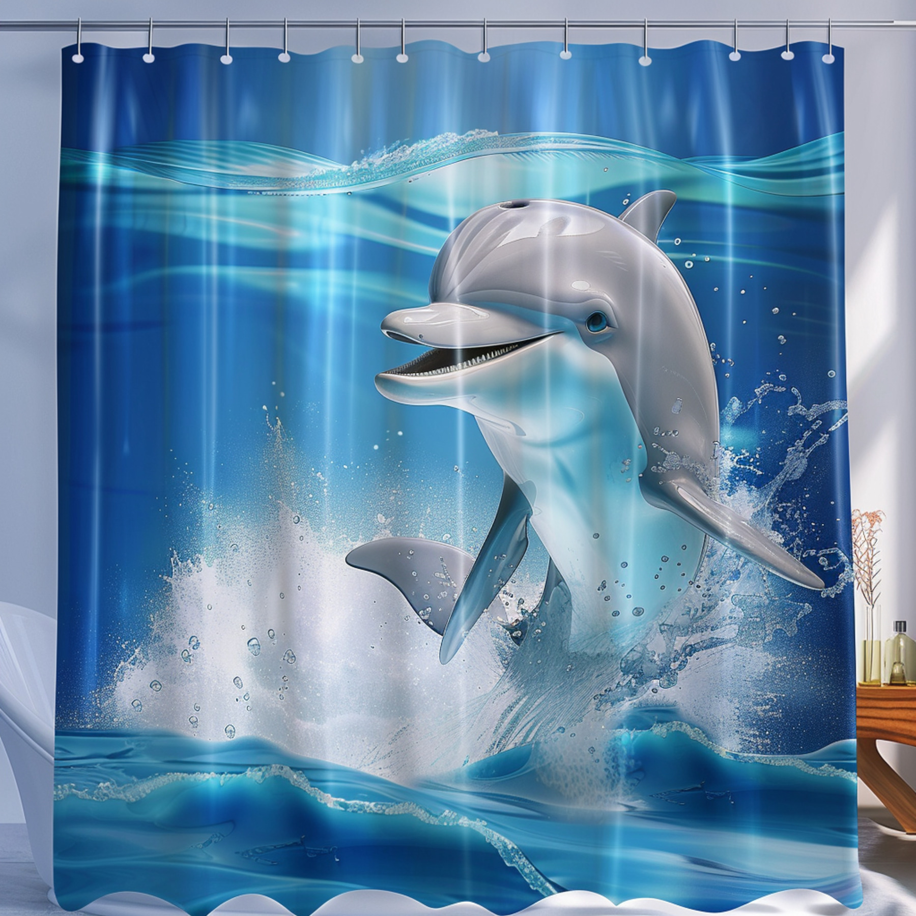 Dolphin Shower Curtain Cute Baby Dolphin Playing in the Ocean Wave Super Realistic Details