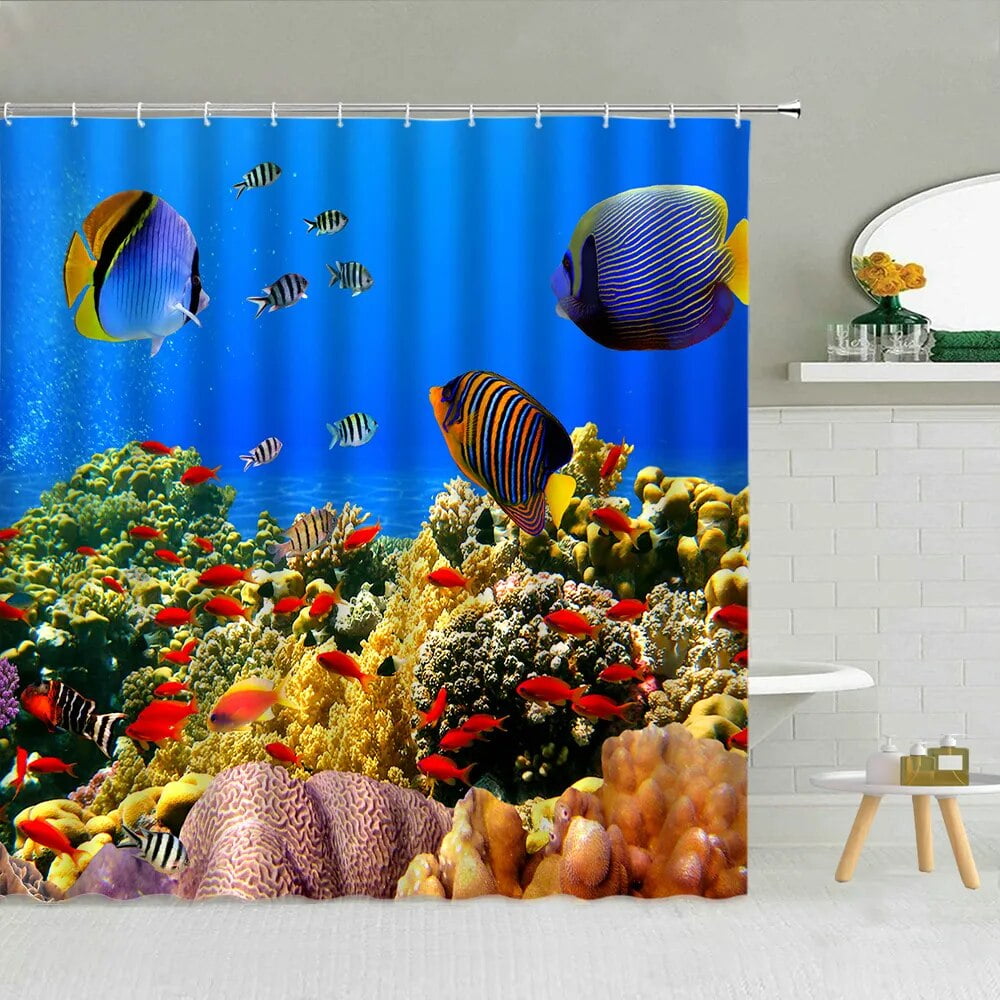 Dolphin Shower Curtain Set Underwater Marine life Tropical Fish Ocean