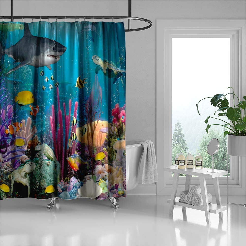 Dolphin Shower Curtain Underwater Algaes Coral Reefs Sunbeam Tropical