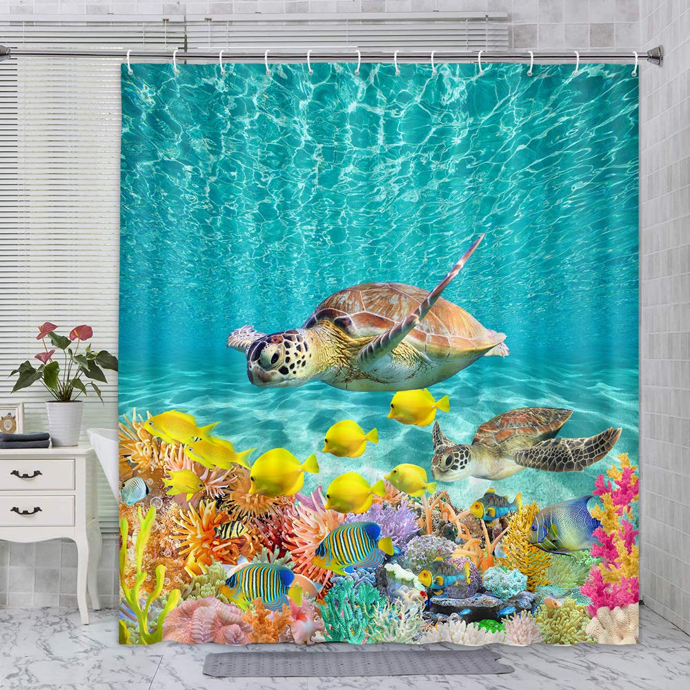 Dolphin Shower Curtain Underwater Algaes Coral Reefs Sunbeam Tropical