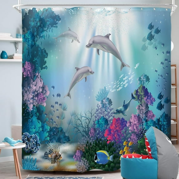 Dolphin Shower Curtain Underwater Algaes Coral Reefs Sunbeam Tropical Fish Marine Wildlife Ocean Animal Seabed Bathroom Decor Fabric Polyester Waterproof 72Wx72H Inch 12 Pack Plastic Hooks