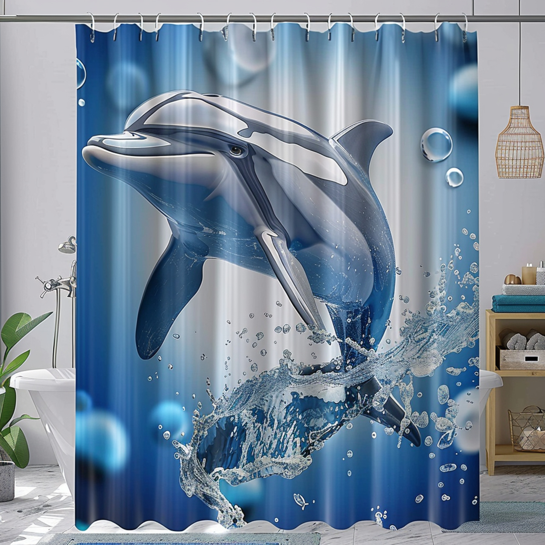Dolphin Shower Curtain with Blue and Silver Tones Water Splash Background Relaxing Coastal Vibes