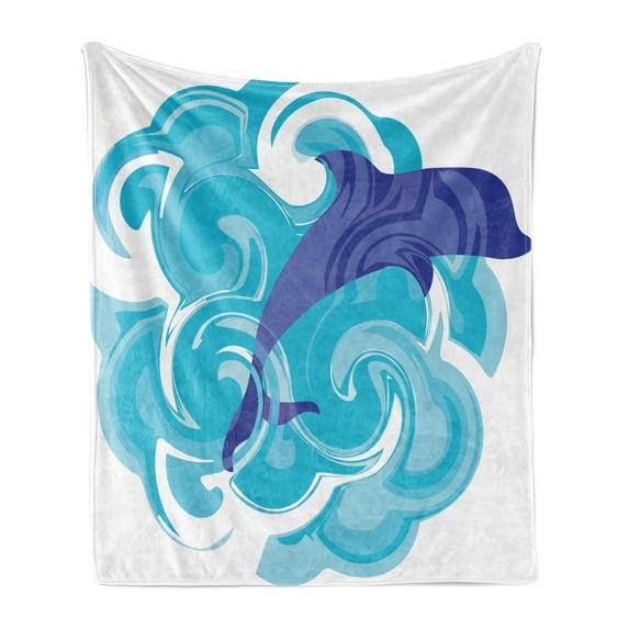 Dolphin Soft Flannel Fleece Blanket, Abstract Representation of Waves Aqua Life Soft Color Image Nature Scenes, Cozy Plush for Indoor and Outdoor Use, 70" x 90", Violet Blue Sky Blue, by Ambesonne