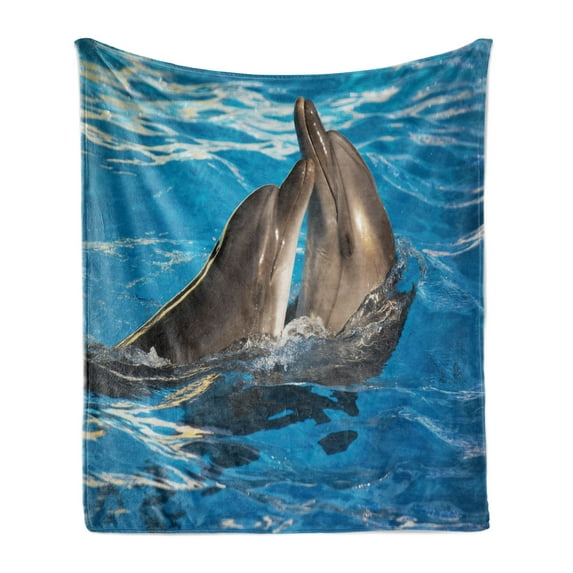 Dolphin Soft Flannel Fleece Blanket, Aqua Show Pair of Dolphins Dancing in the Pool Animal Family Tenderness Love, Cozy Plush for Indoor and Outdoor Use, 60" x 80", Blue Dark Taupe, by Ambesonne