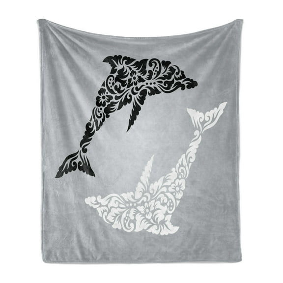 Dolphin Soft Flannel Fleece Blanket, Monochrome Subaquatic Design with Floral Details on Greyscale Background, Cozy Plush for Indoor and Outdoor Use, 50" x 60", Pale Grey Black White, by Ambesonne