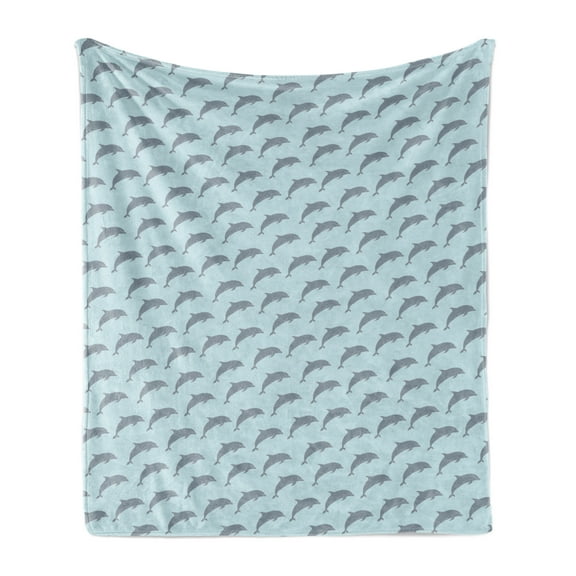 Dolphin Soft Flannel Fleece Blanket, Simple Marine Themed Pattern with Sea Animal Symmetric Design Graphic, Cozy Plush for Indoor and Outdoor Use, 50" x 60", Pale Blue and Blue Grey, by Ambesonne