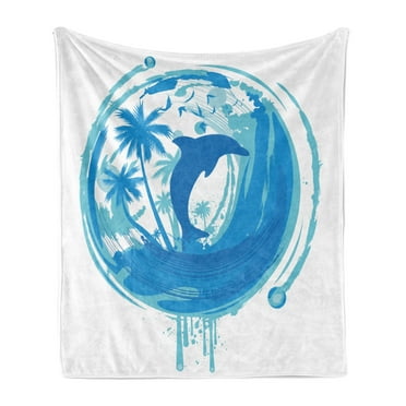 Dolphin Soft Flannel Fleece Blanket, Tropical Theme Maritime Image Ocean Inspired Image Exotic Trees and Birds Print, Cozy Plush for Indoor and Outdoor Use, 50" x 60", Blue Turquoise, by Ambesonne