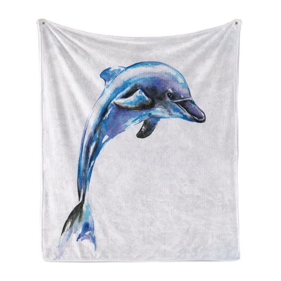 Dolphin Soft Flannel Fleece Blanket, Watercolor Ocean Mammal Hand Drawn Aquatic Life Environment Friendly Animal, Cozy Plush for Indoor and Outdoor Use, 70" x 90", Blue Lilac Black, by Ambesonne