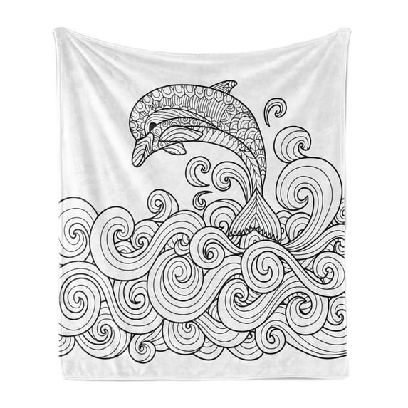 Dolphin Soft Flannel Fleece Throw Blanket, Black and White Zentangle Nautical Image Waves and Animal Jumping out of Water, Cozy Plush for Indoor and Outdoor Use, 50" x 70", Black White, by Ambesonne