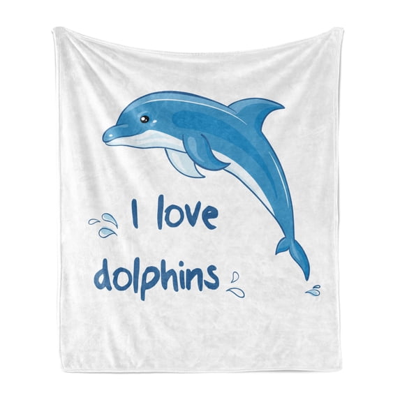 Dolphin Soft Flannel Fleece Throw Blanket, Cartoon Style Ocean Animal with I Love Dolphins Words and Water Splashes Image, Cozy Plush for Indoor and Outdoor Use, 60" x 80", Blue White, by Ambesonne