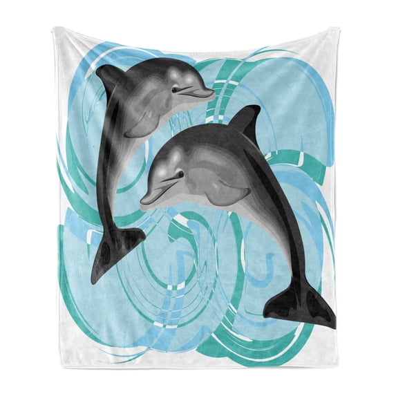 Dolphin Soft Flannel Fleece Throw Blanket, Digital Image of Abstract Ocean Themed Nautical Life 2 Dolphin Friends Sea Print, Cozy Plush for Indoor and Outdoor Use, 60" x 80", Multicolor, by Ambesonne