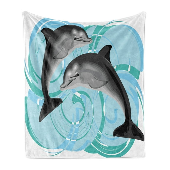 Dolphin Soft Flannel Fleece Throw Blanket, Digital Image of Abstract Ocean Themed Nautical Life 2 Dolphin Friends Sea Print, Cozy Plush for Indoor and Outdoor Use, 70" x 90", Multicolor, by Ambesonne