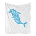 thumbnail image 1 of Dolphin Soft Flannel Fleece Throw Blanket, Hand Drawn Sea Mammal with Hipster Words Just Keep Swimming Image, Cozy Plush for Indoor and Outdoor Use, 50" x 70", Sky Blue White, by Ambesonne, 1 of 5