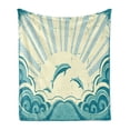thumbnail image 1 of Dolphin Soft Flannel Fleece Throw Blanket, Nautical Inspirations in Dolphins with Rising Sun and Swirled Ocean Waves, Cozy Plush for Indoor and Outdoor Use, 50" x 70", Teal Pale Yellow, by Ambesonne, 1 of 6