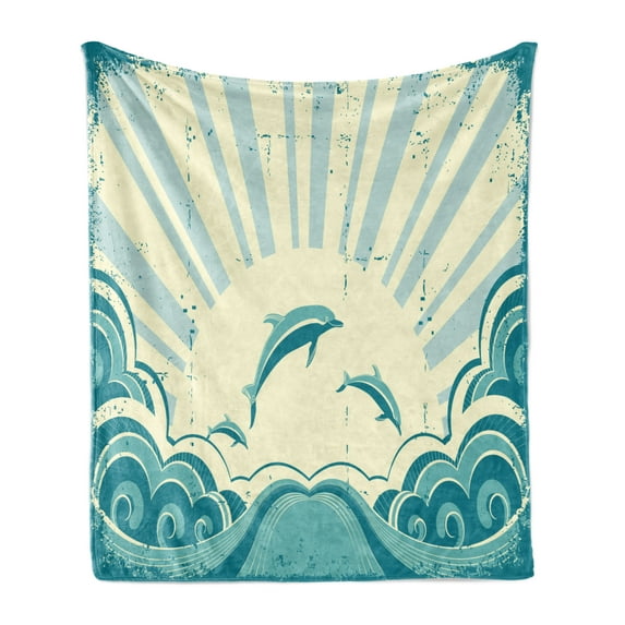 Dolphin Soft Flannel Fleece Throw Blanket, Nautical Inspirations in Dolphins with Rising Sun and Swirled Ocean Waves, Cozy Plush for Indoor and Outdoor Use, 50" x 70", Teal Pale Yellow, by Ambesonne