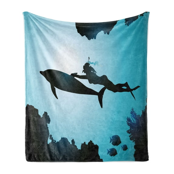 Dolphin Soft Flannel Fleece Throw Blanket, Scuba Diver Girl Swimming Animal Silhouette in Sea Fish Reefs Image Print, Cozy Plush for Indoor and Outdoor Use, 50" x 70", Pale Blue Black, by Ambesonne