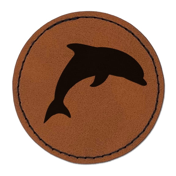 Dolphin Solid 2.5" Faux Leather Round Engraved Iron-On Patch - Brown