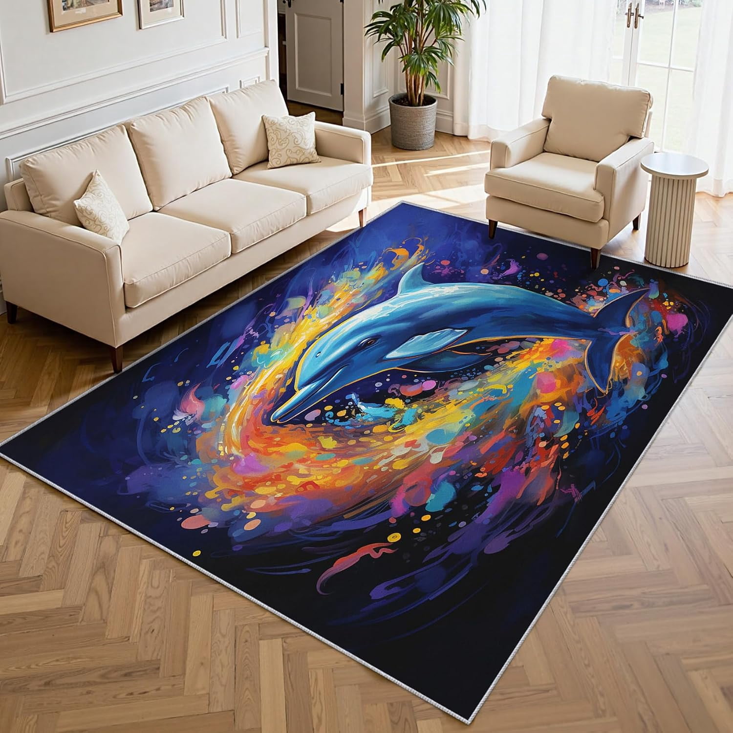 Blue Wavy Pattern Rug Dolphin Splash Ink Area Rugs, Blue Marine Life Sea Animal Pattern ...