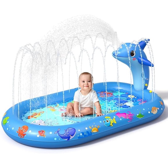 Dolphin Splash Pad for Toddlers, 3-in-1 Inflatable Kiddie Pool and Sprinkler, 64.5 x 40.5 x 34 in Kids Outdoor Water Play Mat, Backyard Summer Water Toy, Blue