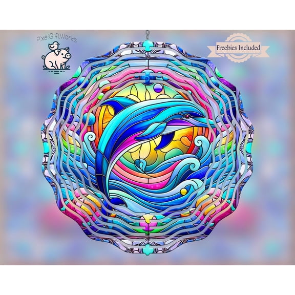 Dolphin Stained Glass 3D Wind Spinner Ocean Kinetic Garden Decor