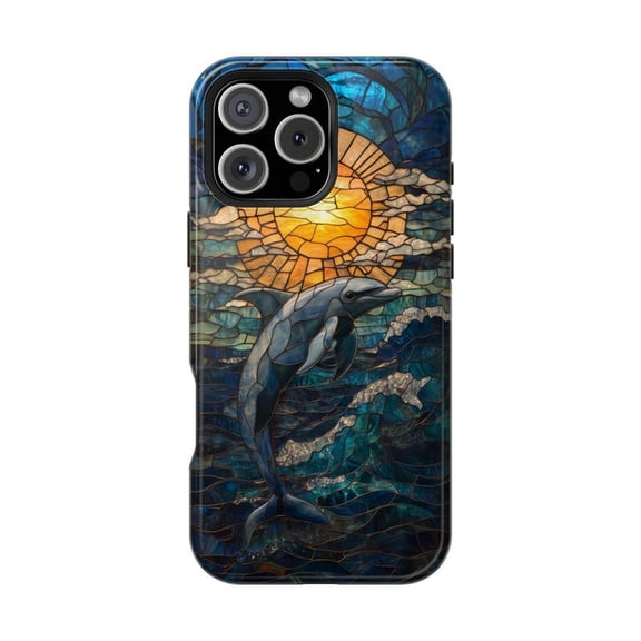 Dolphin Stained Glass Ocean Sunset Evening iPhone Case 17 16 15 14 13 12 11 Pro Max