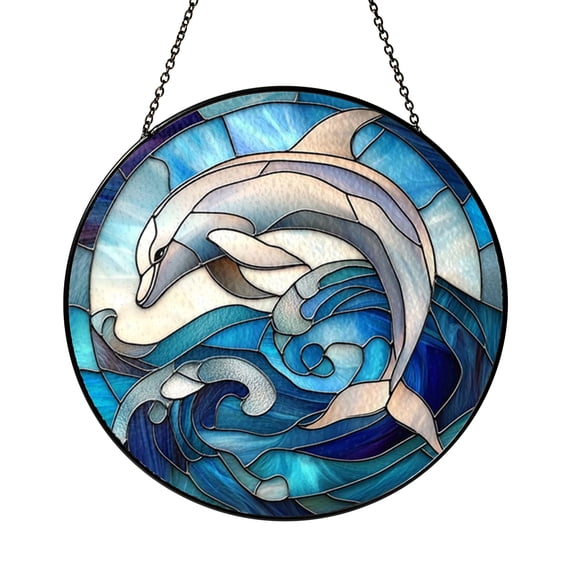 Dolphin Stained Glass Panel Circular Window Hanging Featuring Dolphin with Ocean Wave Scene Decorative Glass Art for Home Interior Window Display