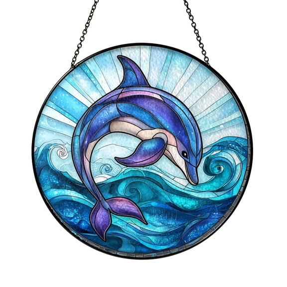 Dolphin Stained Glass Panel, Vibrant Ocean Wave Design, Circular Window Hanging for Beach or Coastal Home Decor