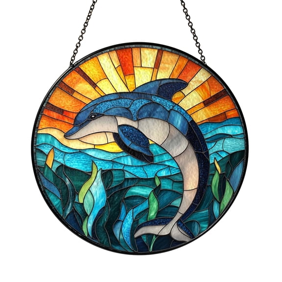 Dolphin Stained Glass Style Suncatcher, Ocean Wave Inspired Window Hanging Decor, Coastal Decorative Glass Art Panel for Marine Themed Home