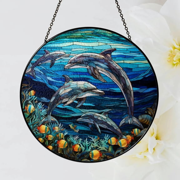 Dolphin Stained Glass Suncatcher, Handmade Ocean Window Decor, Marine Life Art, Dolphin Gift, Beach House Hanging, Sea Animal Suncatcher
