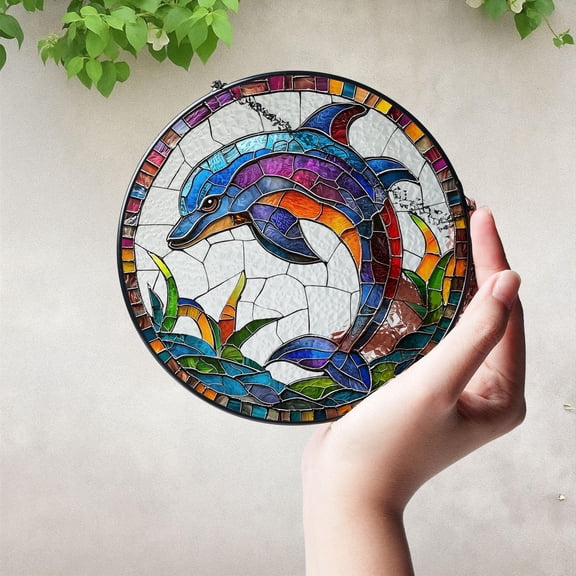 Dolphin Stained Glass Suncatcher - Hanging Sign, Window Decoration, Tropical Beach Coastal Art, Dolphin Lover Gifts
