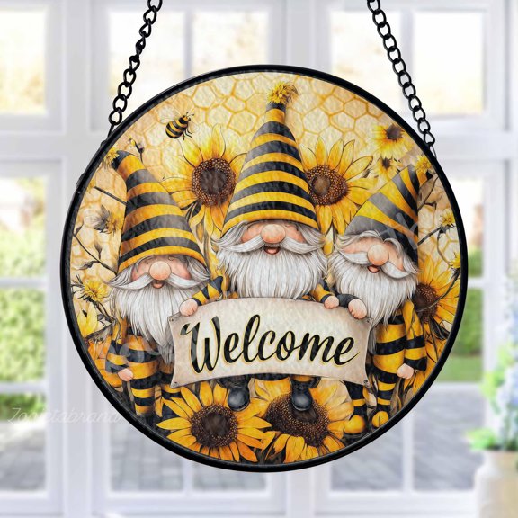 Bumblebee Gnomes Stained Glass Suncatcher Metal Outdoor Decor Whimsical Sunflower Yellow Black