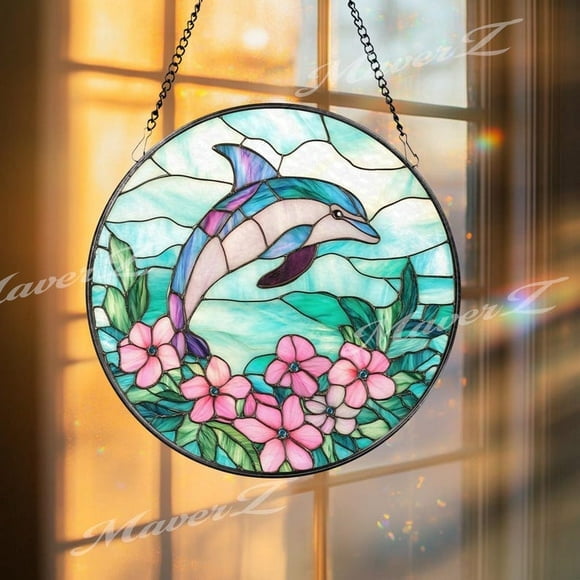 Dolphin Stained Glass Suncatcher with Pink Flowers, Ocean Themed