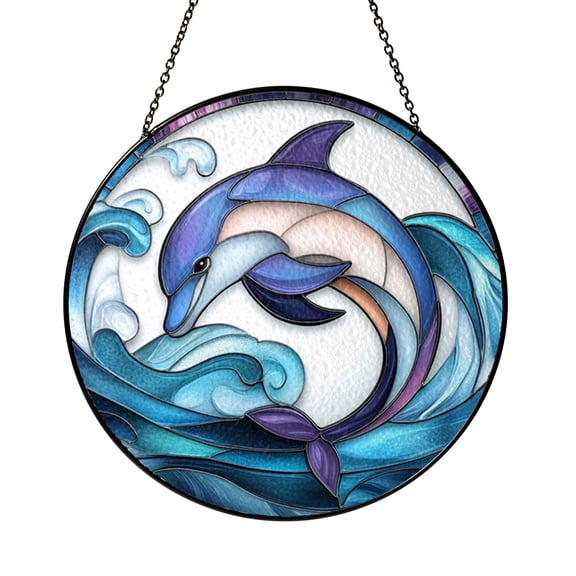 Dolphin Stained Glass Window Panel, Vibrant Circular Ocean Wave Design, Coastal Inspired Home Decor, Perfect Gift for Beach Lovers