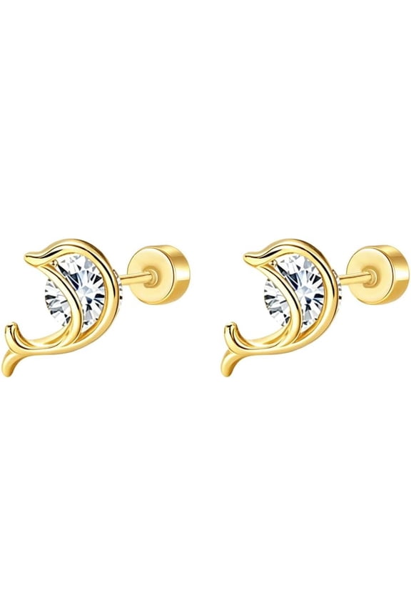 Dolphin Stud Earrings for Women Cubic Zirconia Sea Animal Tragus Cartilage Earrings Tiny Lightweight Studs Fashion Ear Jewelry