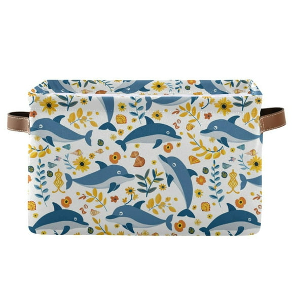 Dolphin Sunflower Shell Leaf Storage Bins with Handle Fabric Organizer Basket Foldable Box 1 Pack 14.2x10.2x8.3