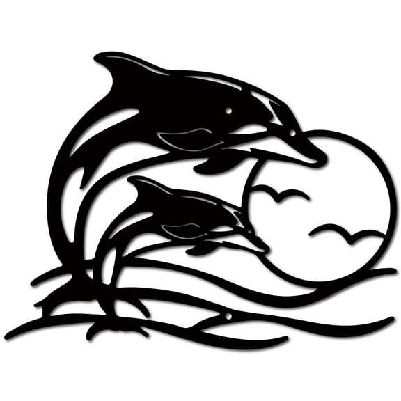 Dolphin Sunset Metal Wall Art Coastal Seagull Black Iron Wall Silhouette Decor Modern Abstract Hanging Sculpture Ornament Art Plaque for Hotel Bedroom