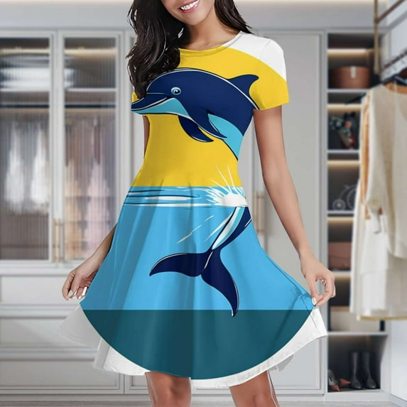 Dolphin Sunset Ocean Waves Women's Classic Swing Skater Dress Casual Work Party Cocktail Dresses