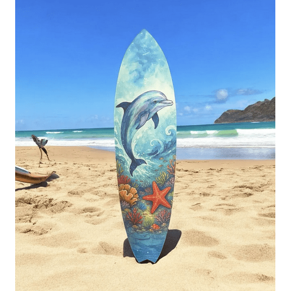 Dolphin Surfboard Wall Art – Coastal PVC Beach House Decor, Ocean Animal Wall Sign, Tropical Underwater Scene with Coral and Starfish