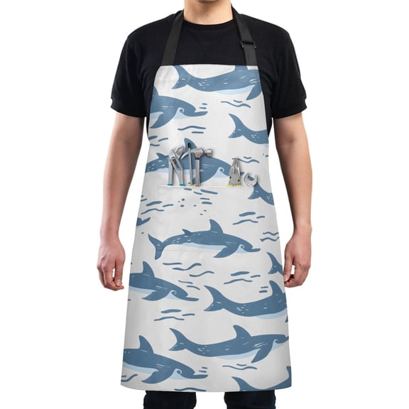 Dolphin Swimming Kitchen Apron with 2 Pockets Adjustable waterproof Cooking Aprons for Women Men Chef