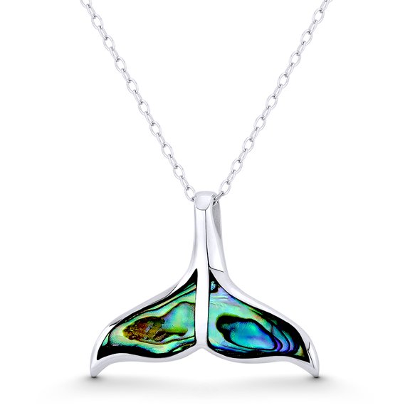 Dolphin Tail Charm Black Mother-of-Pearl 20x26mm (0.8x1in) Pendant & Chain Necklace in .925 Sterling Silver w/ Rhodium