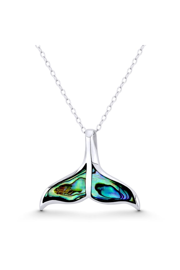 Dolphin Tail Charm Black Mother-of-Pearl 20x26mm (0.8x1in) Pendant & Chain Necklace in .925 Sterling Silver w/ Rhodium