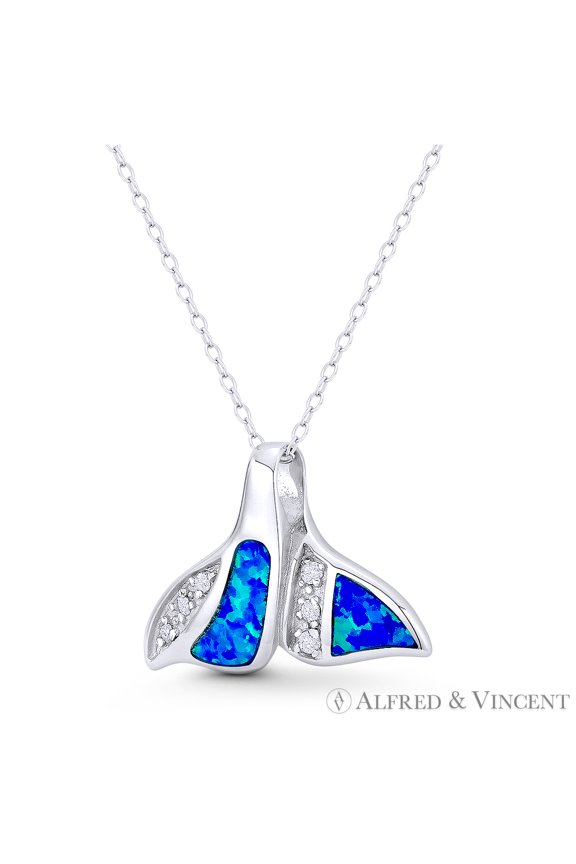 Dolphin Tail Charm Created Opal & CZ Crystal 18x25mm (0.7x1in) Pendant in .925 Sterling Silver w/ Rhodium