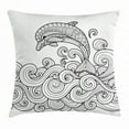 thumbnail image 1 of Dolphin Throw Pillow Cushion Cover, Black and White Zentangle Nautical Image Waves and Animal Jumping out of Water, Decorative Square Accent Pillow Case, 18 X 18 Inches, Black White, by Ambesonne, 1 of 2