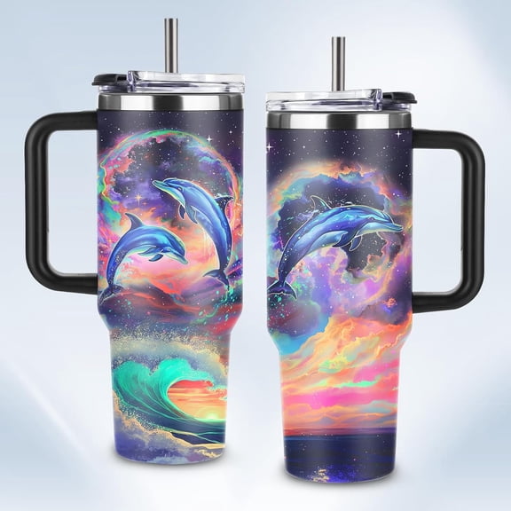 Dolphin Tumbler 40 OZ Ocean Themed Vacuum Insulated Travel Mug, Blue Ocean Dolphin Gift Coffee Cup for Marine Lovers Christmas Birthday Present