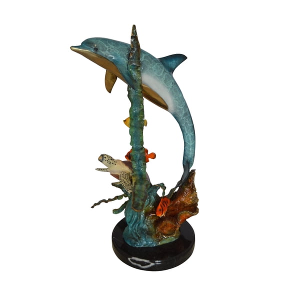 Nifao Dolphin , Turtle And Fish Bronze Statue – Home Decor Sculpture, 18"L x 16"W x 25"H