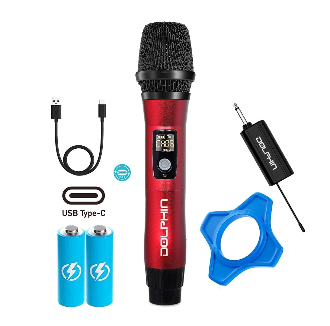 Dolphin MCX11 UHF Wireless Microphone for Karaoke, Singing, PA, Parties, Events, All-Metal, DSP, Long Range | Rechargeable, 50 Channels, Anti-Interference , Red